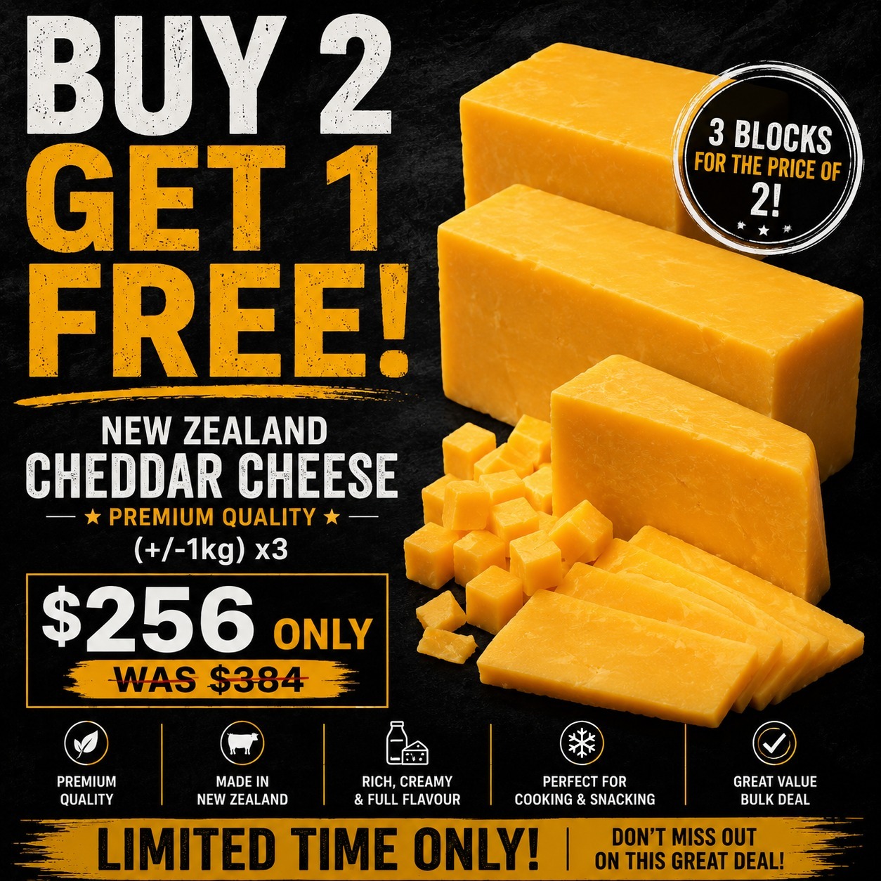 Buy 2 Get 1 Free New Zealand Cheddar Cheese