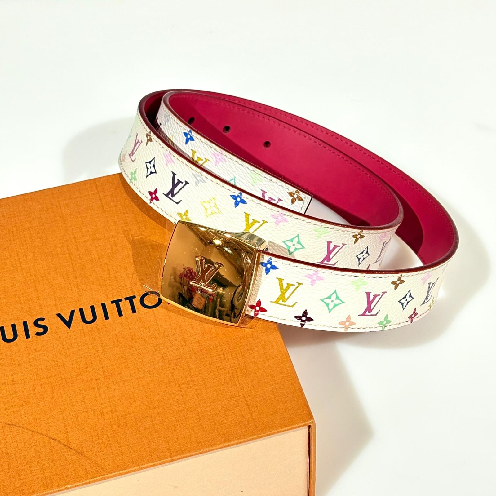 99%NEW二手LV皮帶 白三彩80碼 村上隆BELT#香榭站正品
