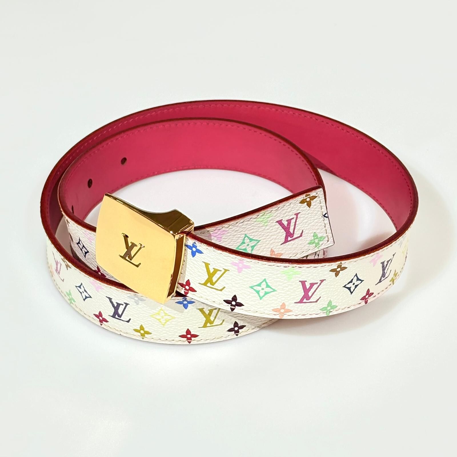 99%NEW二手LV皮帶 白三彩80碼 村上隆BELT#香榭站正品