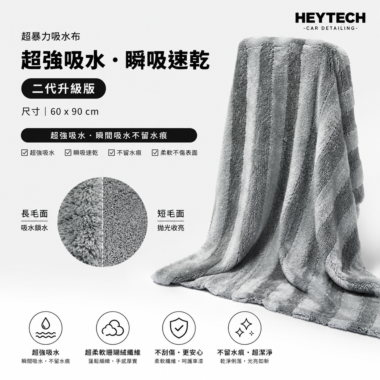 黑炭洗美 二代升級版超暴力吸水布 60x90cm｜長短毛洗車擦車布｜超細纖維吸水毛巾｜汽車擦乾收水布｜HEYTECH