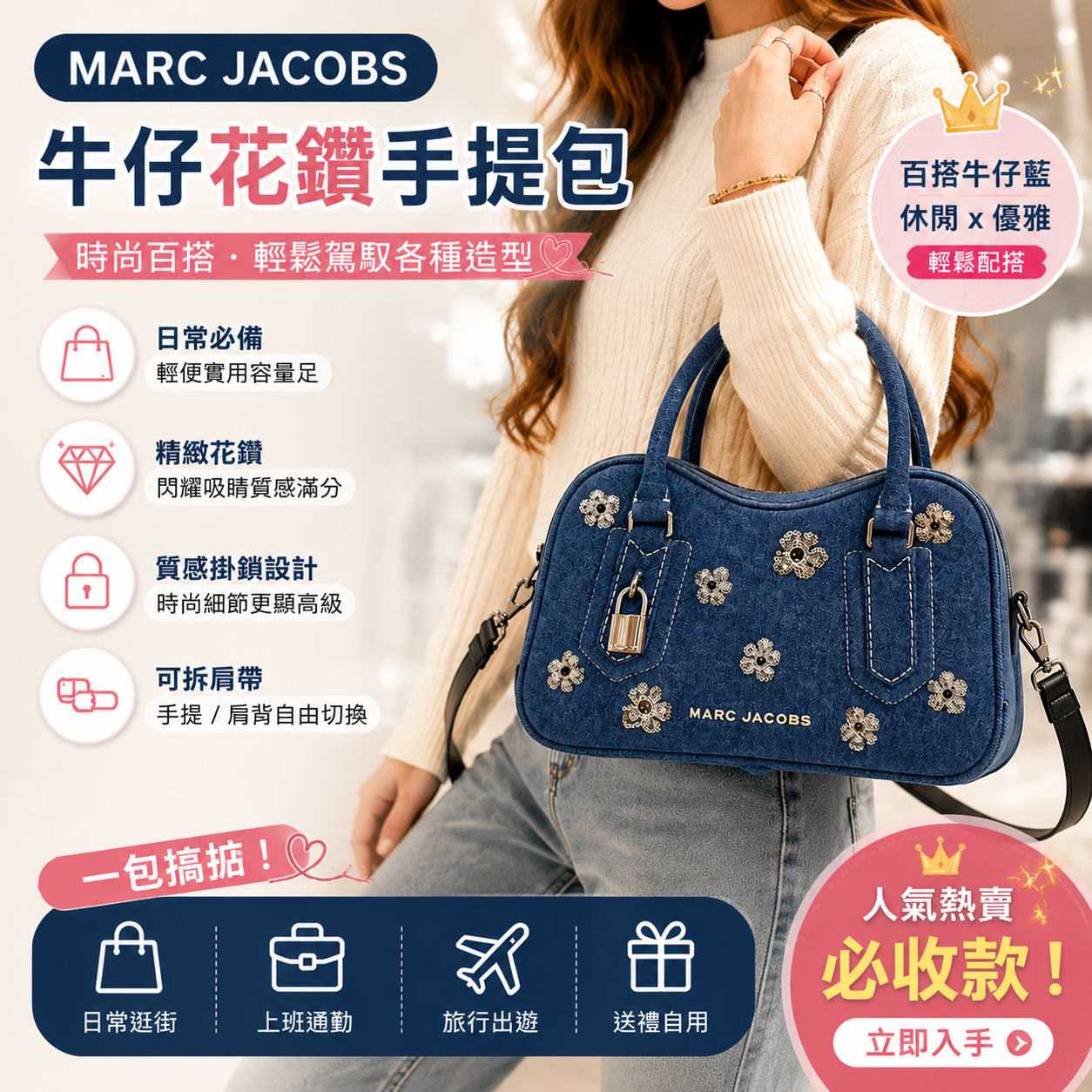 【直播】Marc Jacobs H060938 牛仔藍色花朵手提包