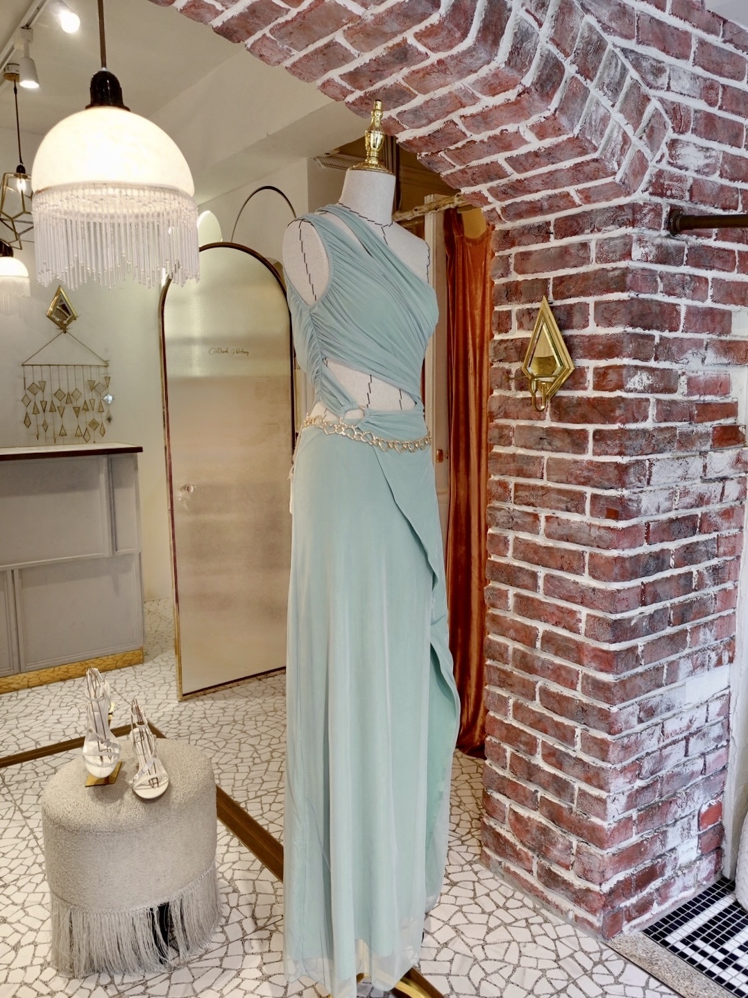 Mint Mesh薄荷綠色 單肩金環Cutou開叉Maxi Dress