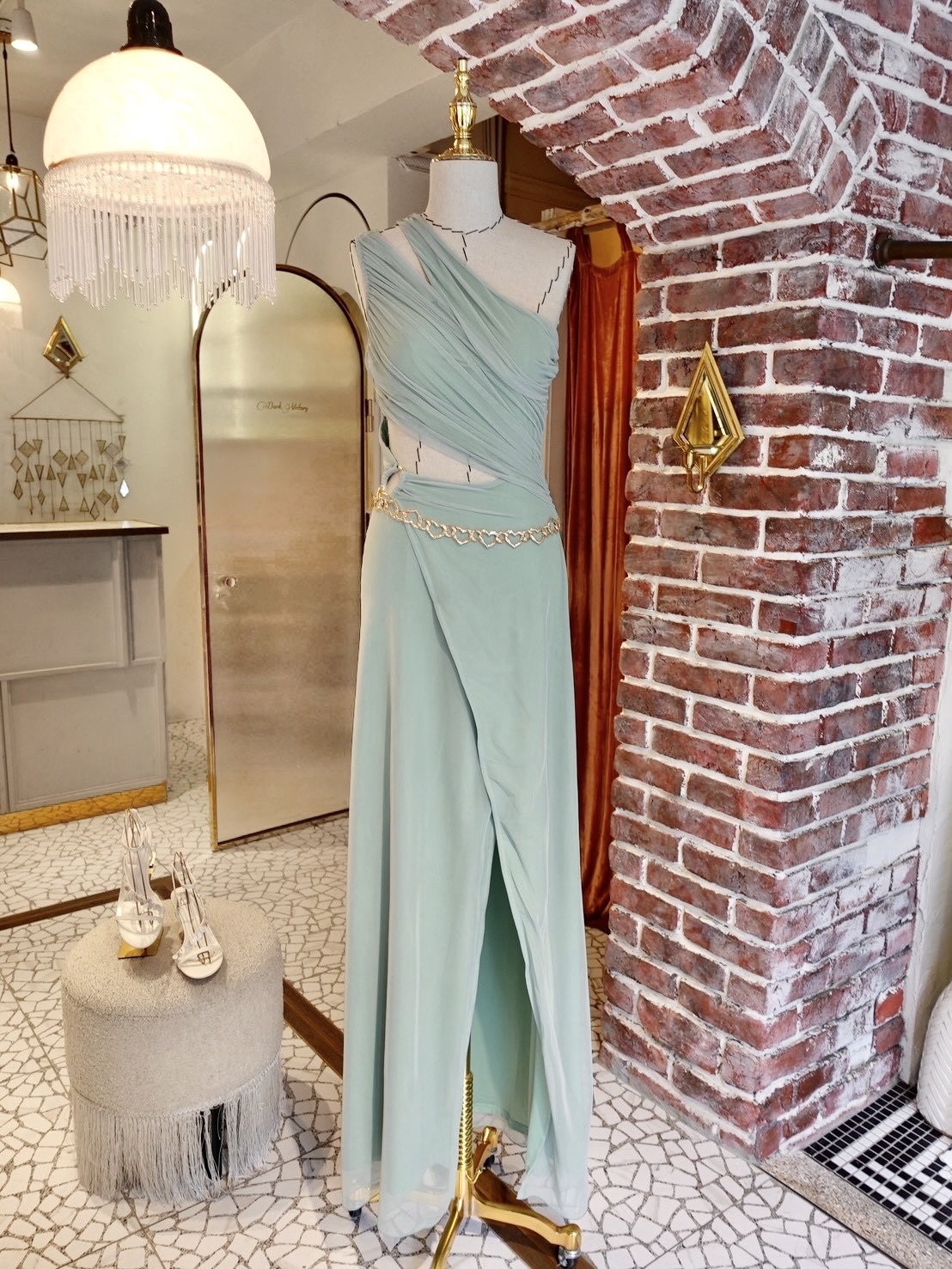 Mint Mesh薄荷綠色 單肩金環Cutou開叉Maxi Dress