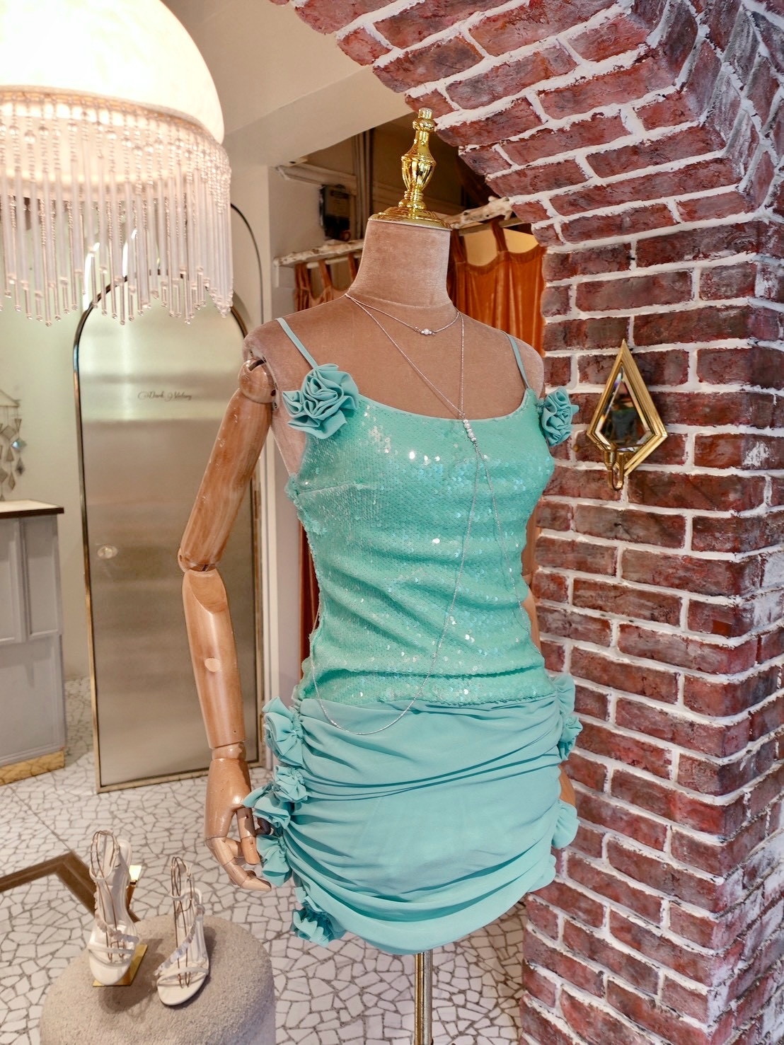 Mint薄荷綠色立體花朵抓皺亮片Dress