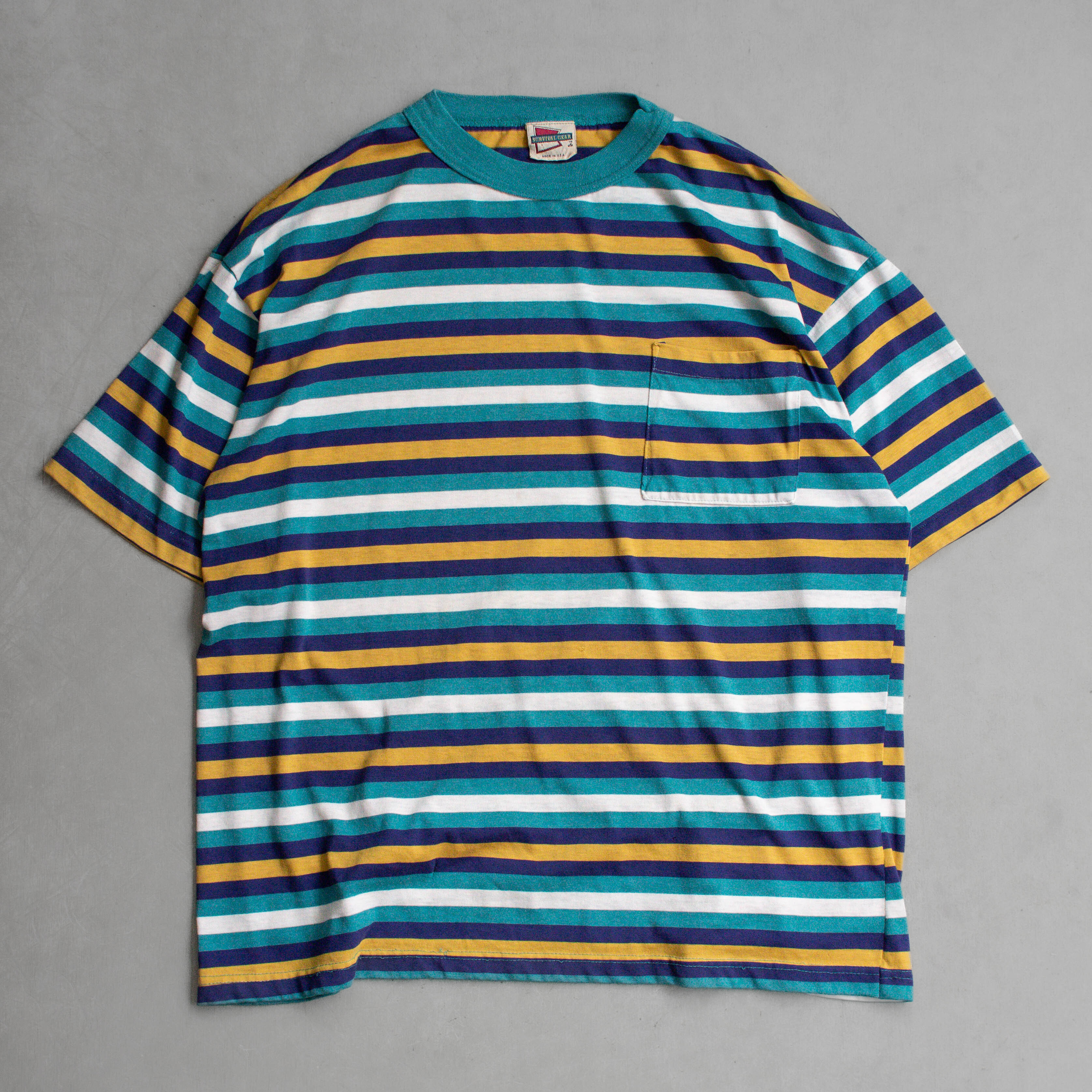 VINTAGE STRIPE TEE 美國製 藍黃 針織 條紋 滾邊 短袖 T恤
