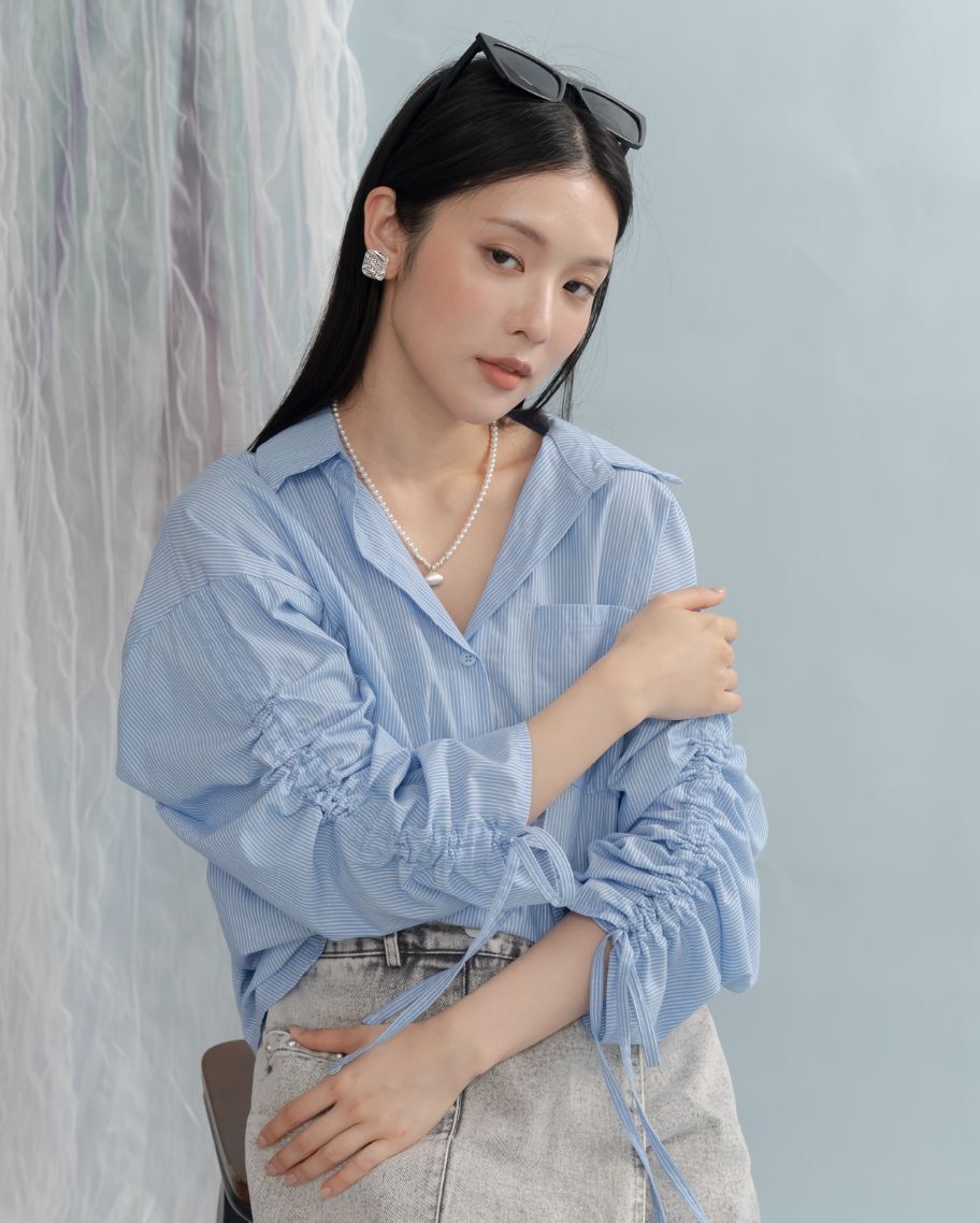 韓系條紋造型抽繩襯衫