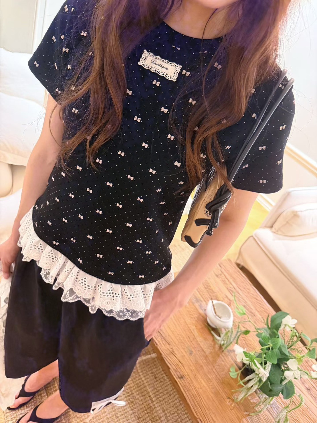 小蝴蝶結拚蕾絲短袖t