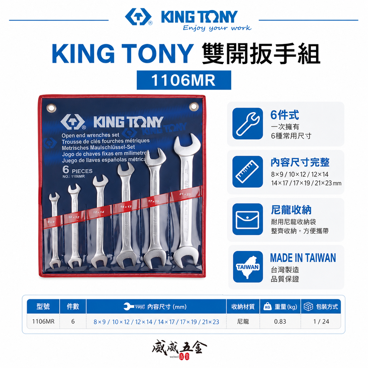 KING TONY 金統立｜公制8-23mm 雙頭開口扳手組 雙開口板手6支組 雙開扳手6件式｜1106MR