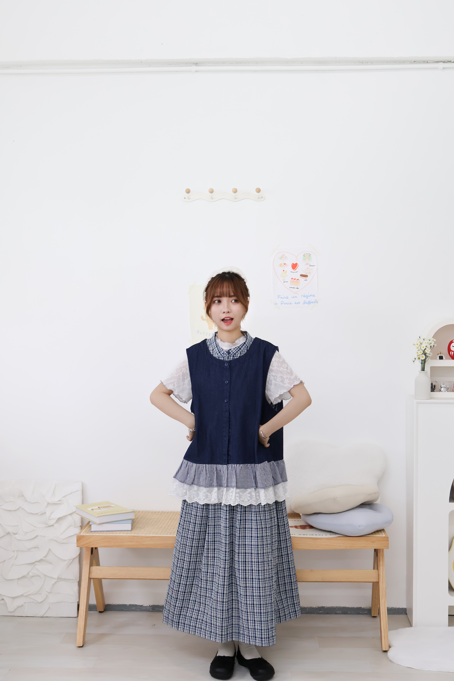 格子通花牛仔背心 · 1色入