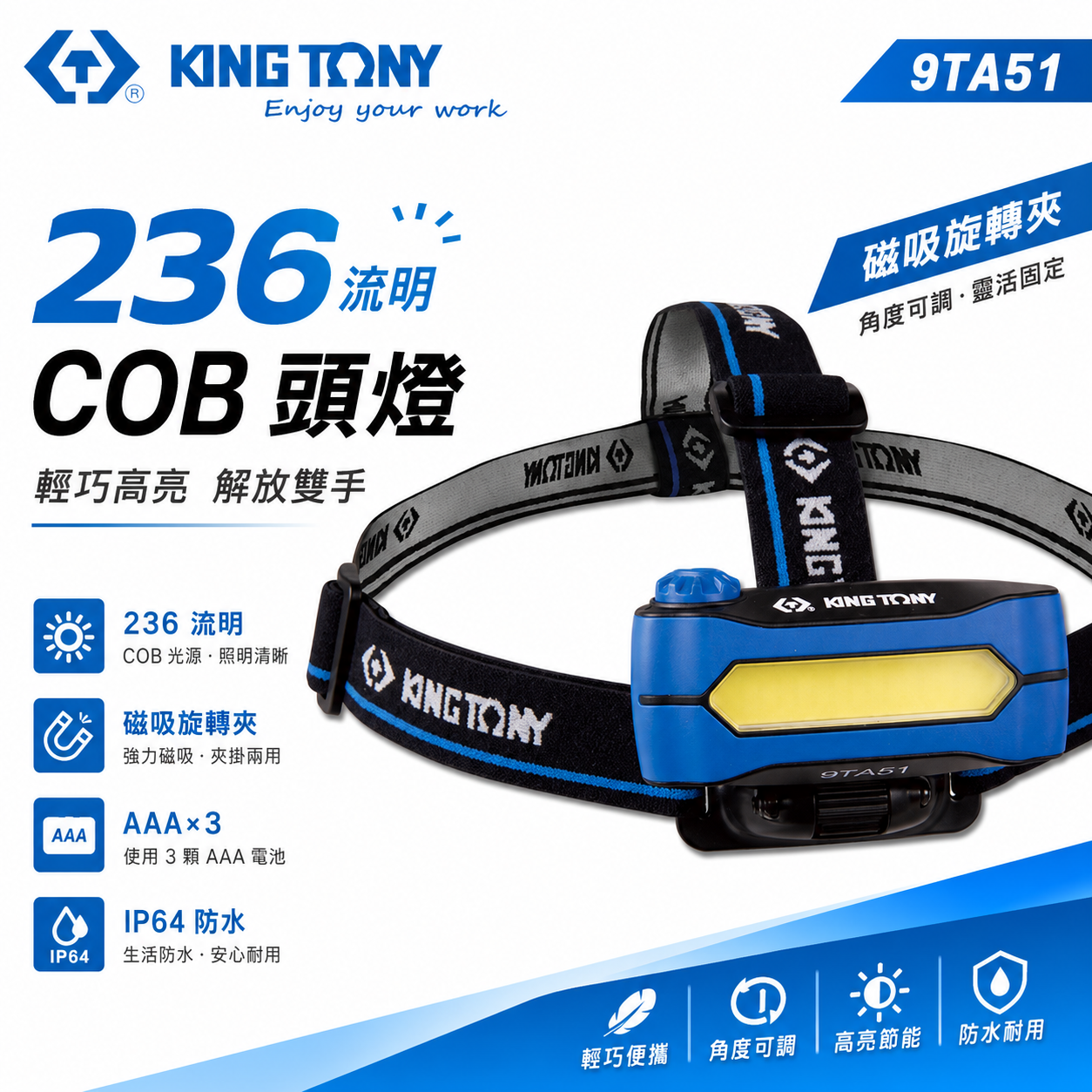 KING TONY 金統立 台灣製｜探照燈 236流明頭燈 5W 可調式光源COB頭燈 LED燈｜9TA51｜台灣製｜公司貨