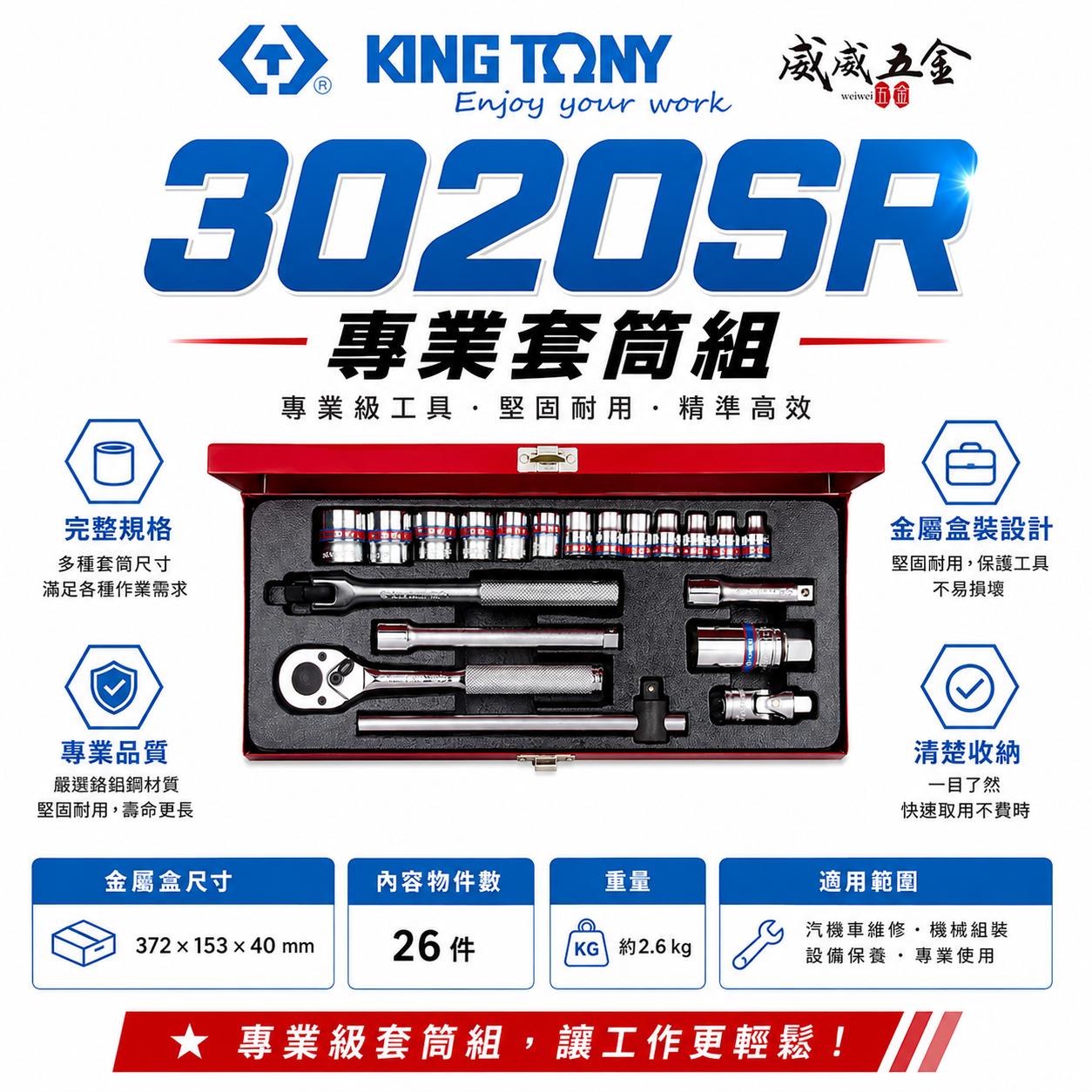 KING TONY 金統立｜英制 三分 手動套筒組 3/8" 3分 20件式 十二角套筒扳手組｜3020SR