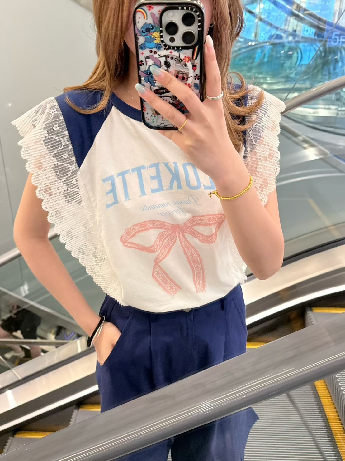 蝴蝶結印圖蕾絲半袖T