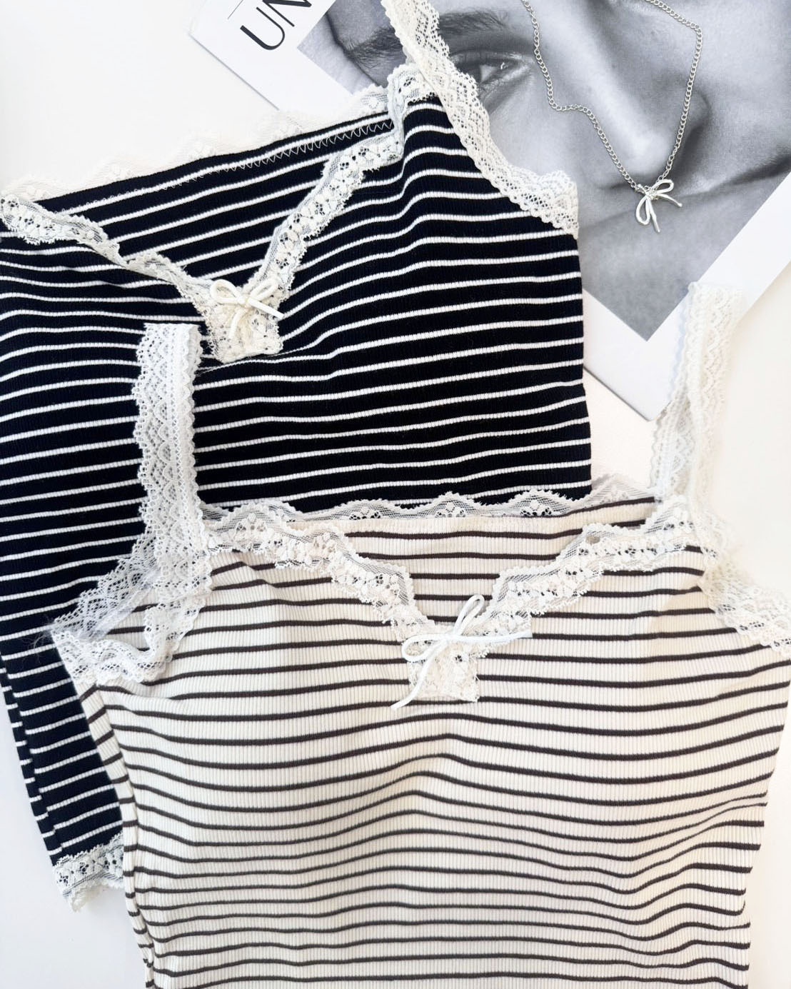 法朵Fado shop｜初夏層次🎀經典條紋蕾絲滾邊內搭背心 526B058 三色