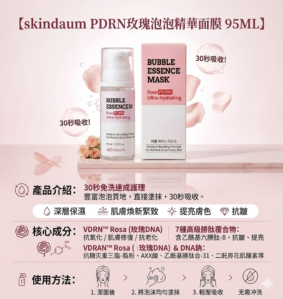 預訂7月中到【skindaum PDRN玫瑰泡泡精華面膜 95ML】