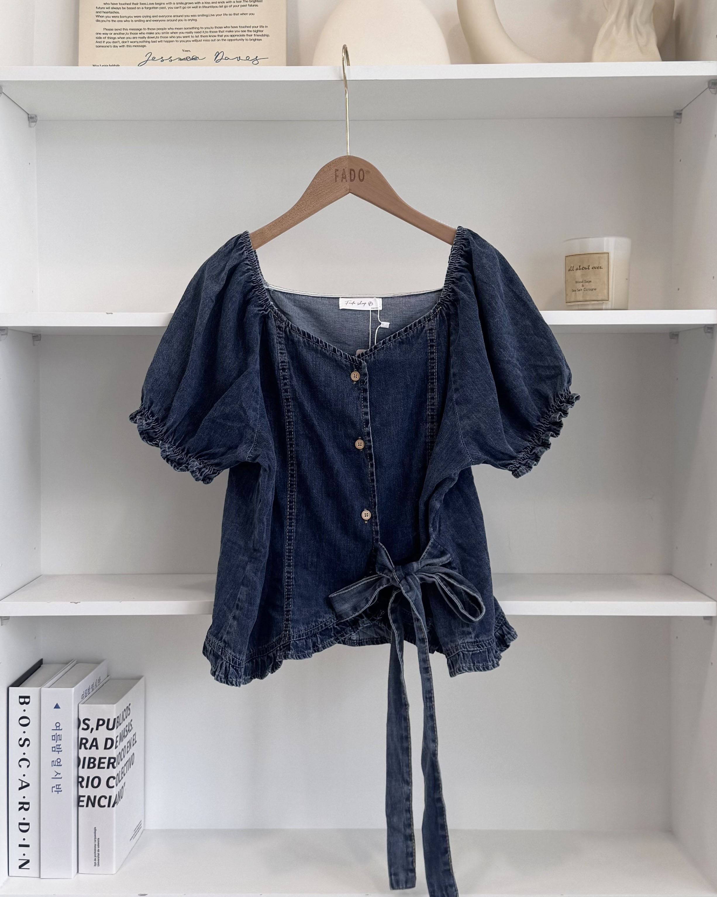 法朵Fado shop｜大方領公主澎澎袖綁帶牛仔上衣 0525001 兩色