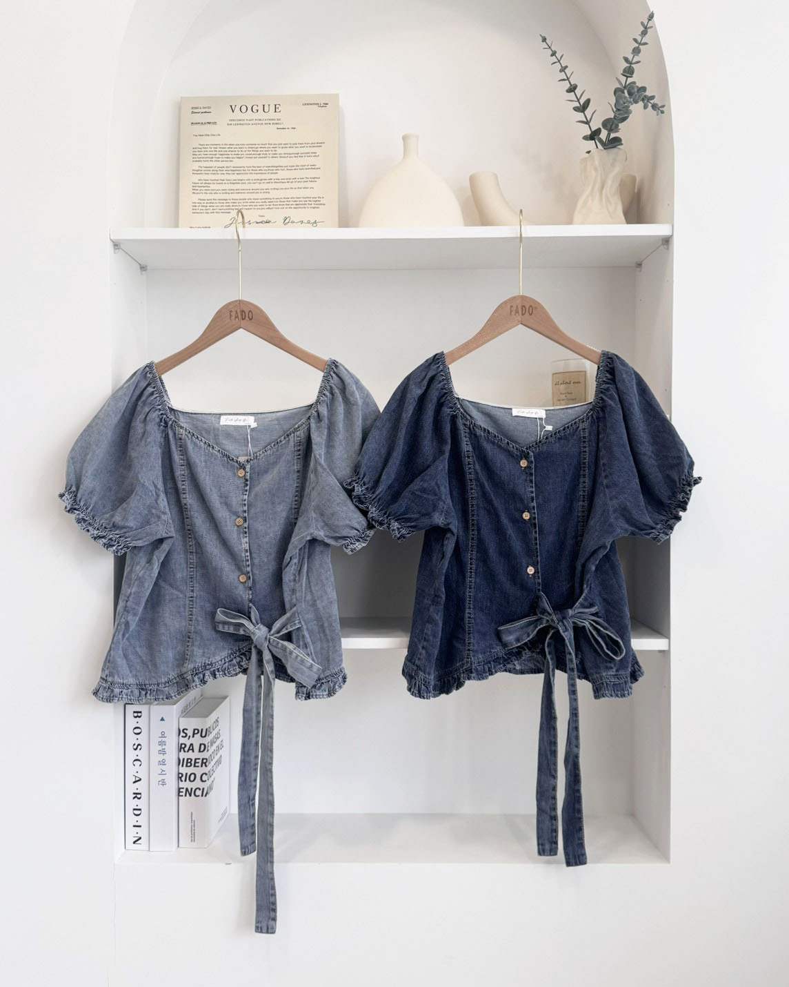 法朵Fado shop｜大方領公主澎澎袖綁帶牛仔上衣 0525001 兩色