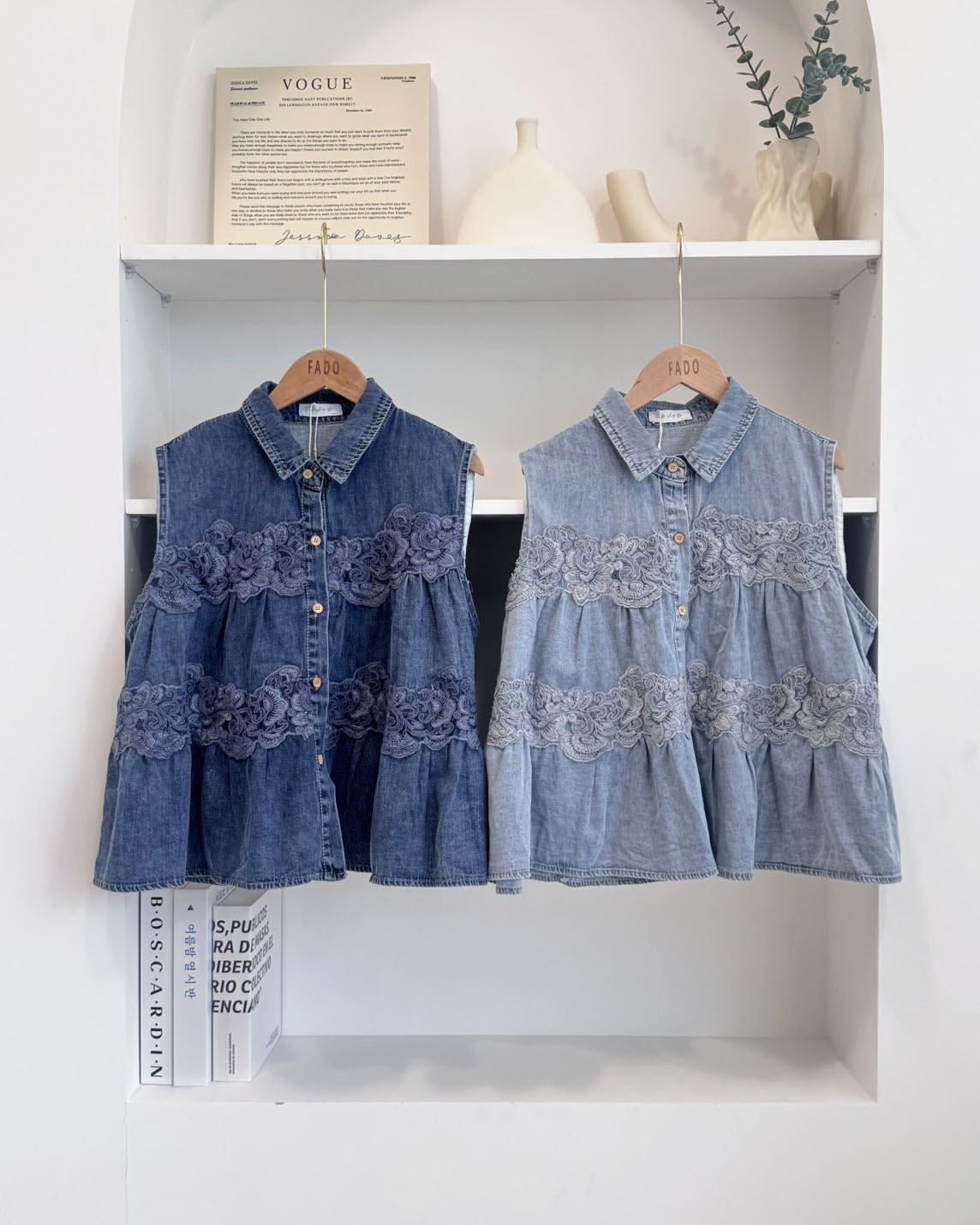 法朵Fado shop｜日系多層次💙蕾絲拼接澎澎牛仔襯衫領背心 0535001 兩色