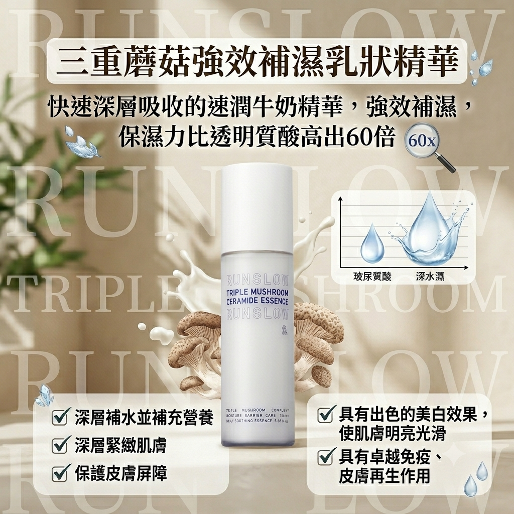 【 Runslow三重蘑菇強效補濕乳狀精華 150ml 】