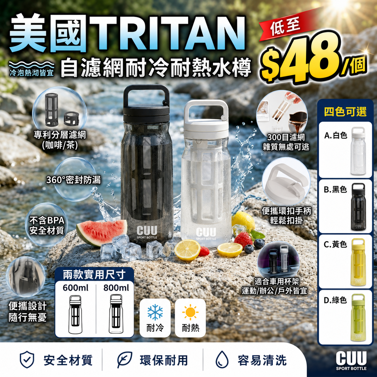 【UB9602】美國Tritan自帶濾網耐冷耐熱水樽