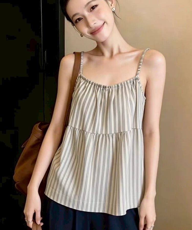 後綁簍空條紋棉麻背心