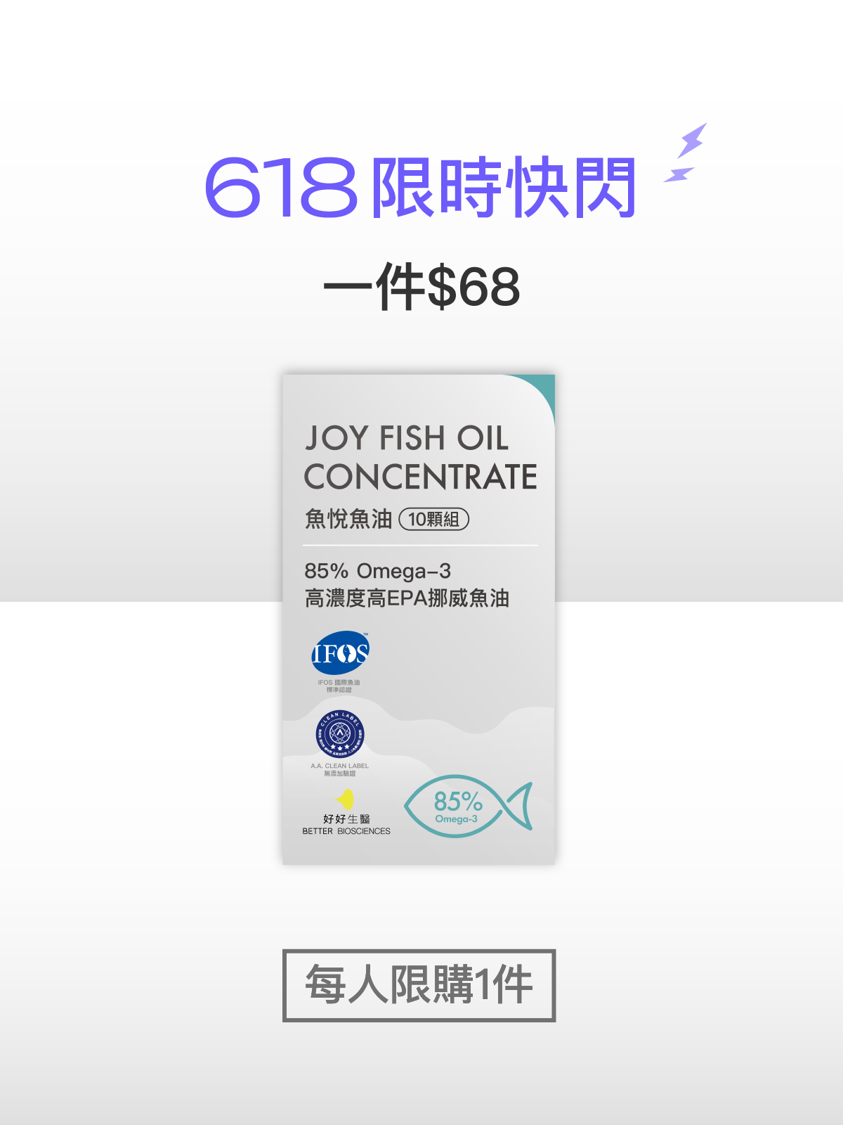 【秘密$68】魚悅魚油－85% Omega-3 高濃度高EPA挪威魚油 (10顆)