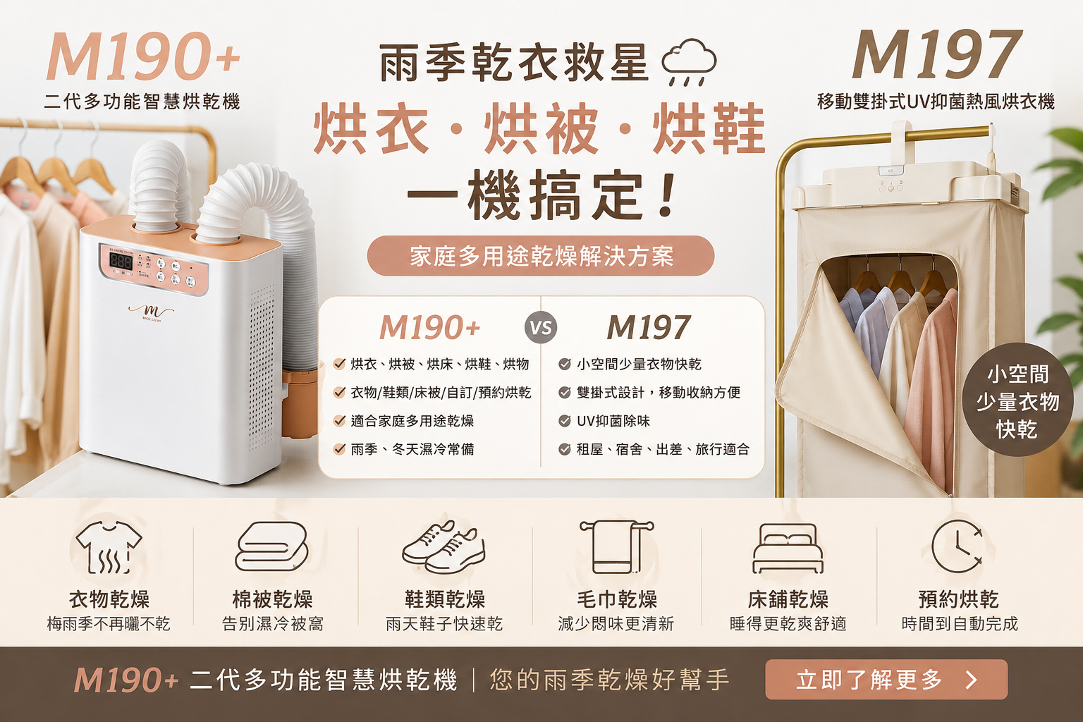 M190+ 二代多功能智慧烘乾機雨季家庭乾燥指南，說明烘衣、烘被、烘鞋與 M190+、M197 烘乾設備差異