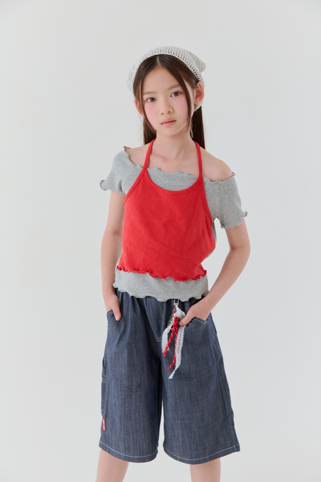 正韓夏Lilas 三色假兩件綁帶捲邊上衣