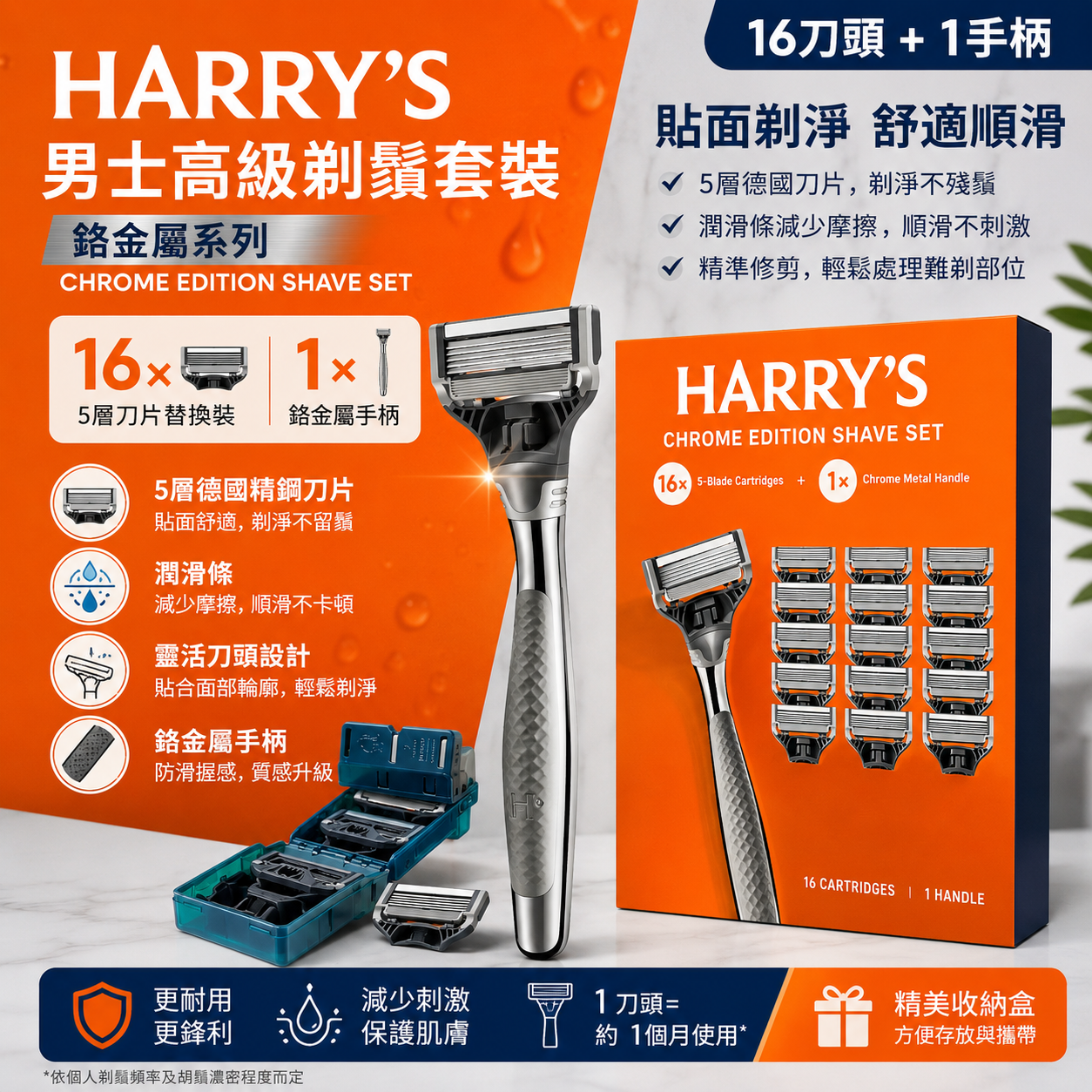 【預購】H061017 Harry's Chrome Edition 男士剃鬚刀套裝 (1刀柄 + 16刀頭)