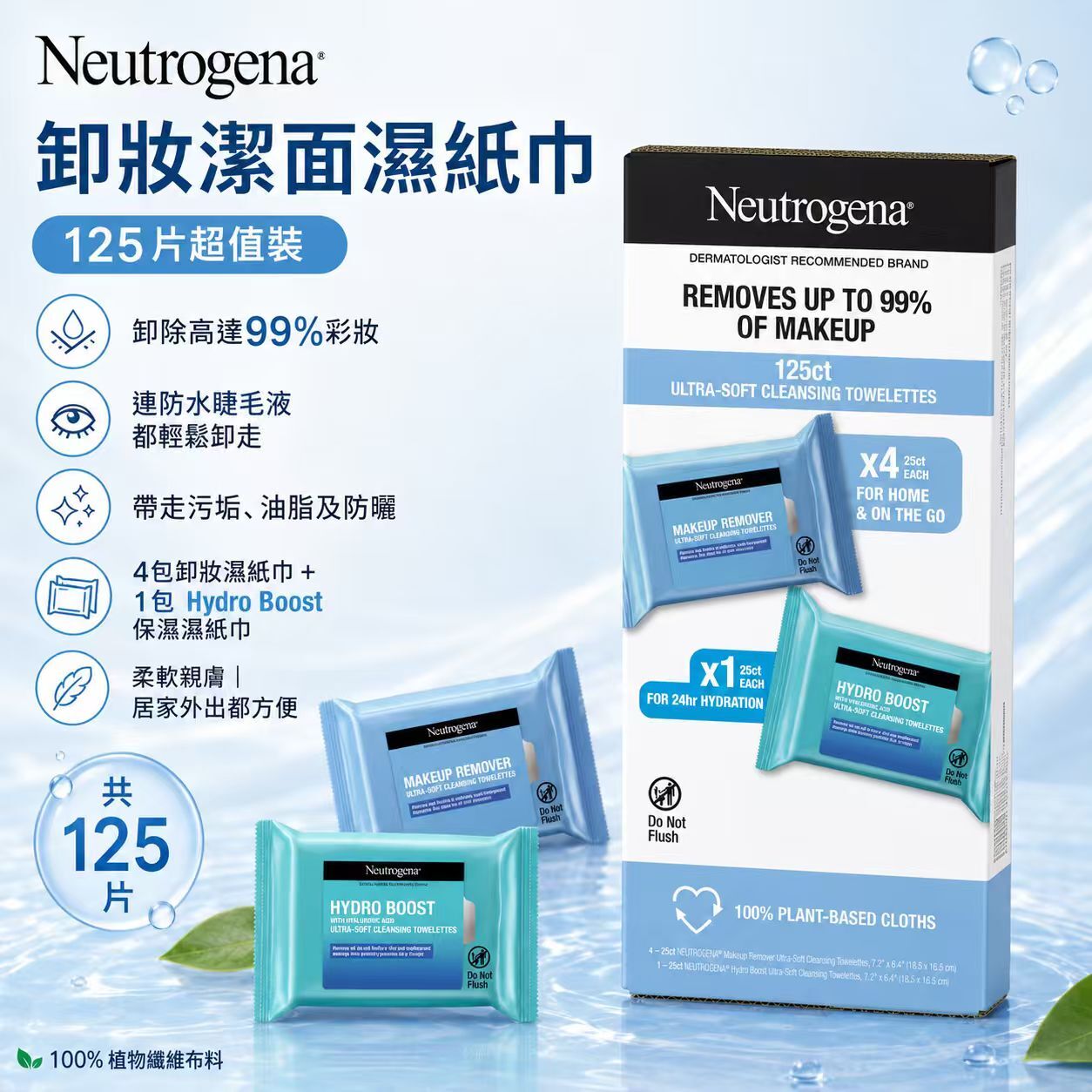 【預購】Neutrogena H061019 深層卸妝潔面濕紙巾 (125片裝)