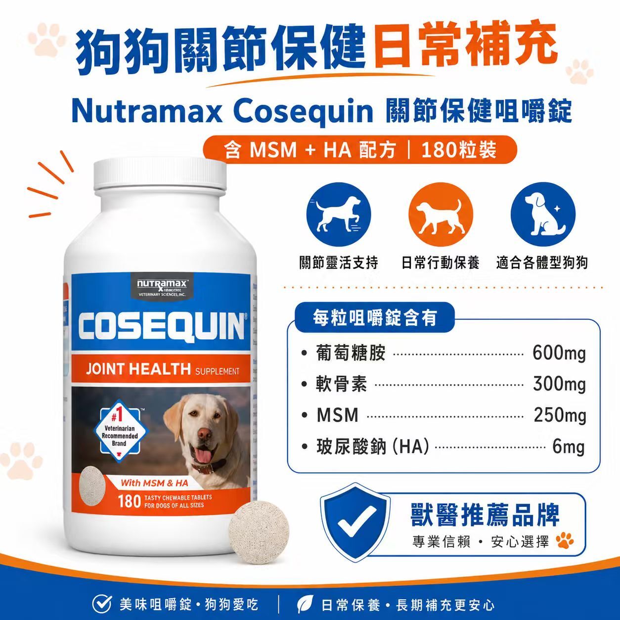 【預購】Nutramax Cosequin H061038 毛孩專用關節護理補充錠 (180粒裝)