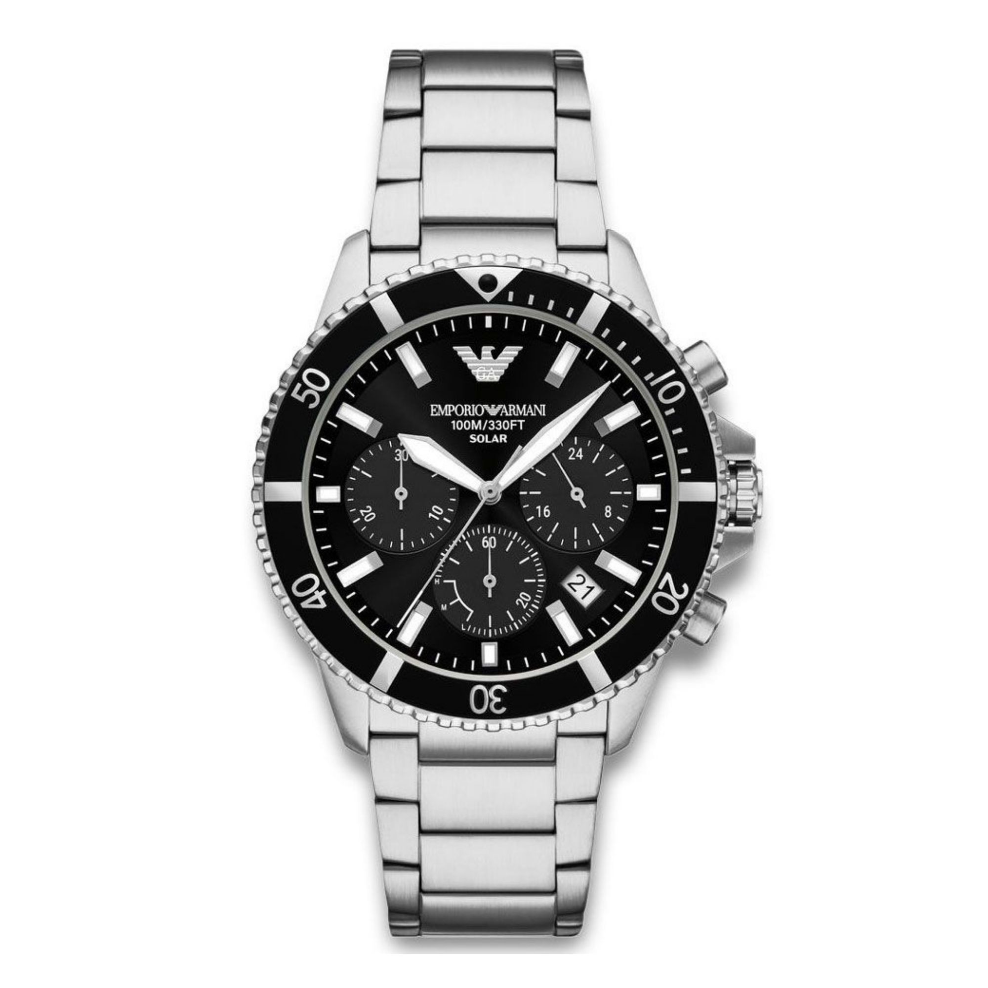【Armani 亞曼尼】AR11739 紳士 100米防水 三眼計時 超強夜光 不銹鋼 光動能 手錶