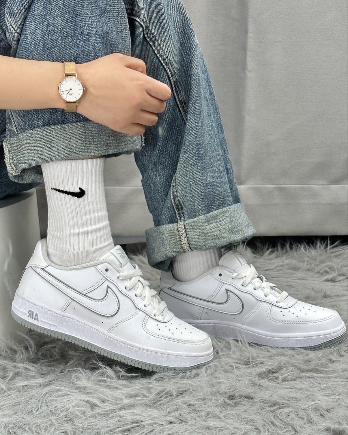 NIKE AIR FORCE 1 LOW GS 白灰 滾邊 低筒休閒鞋 大童鞋 女鞋