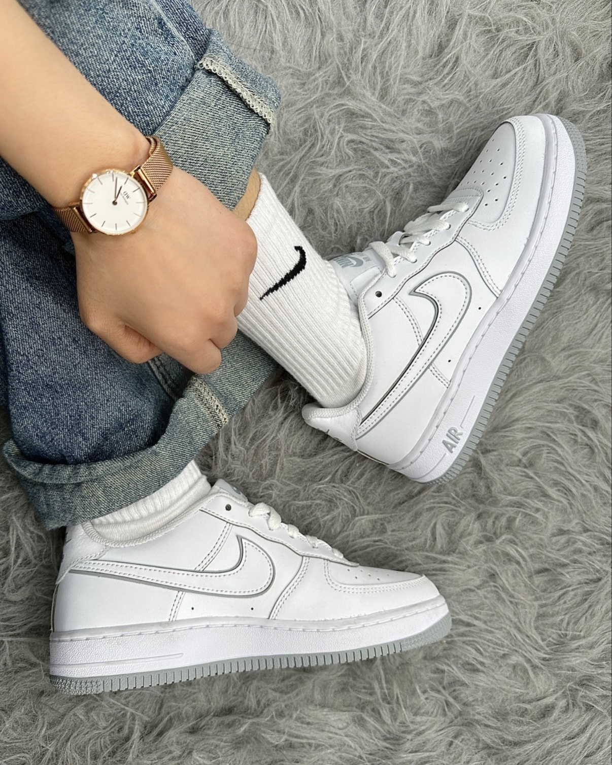 NIKE AIR FORCE 1 LOW GS 白灰 滾邊 低筒休閒鞋 大童鞋 女鞋