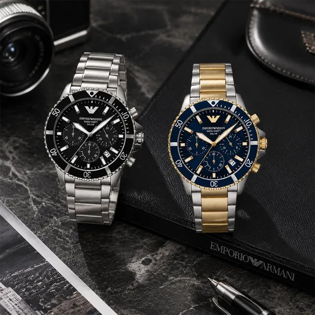 【Armani 亞曼尼】AR11740 紳士 100米防水 三眼計時 超強夜光 不銹鋼 光動能 手錶