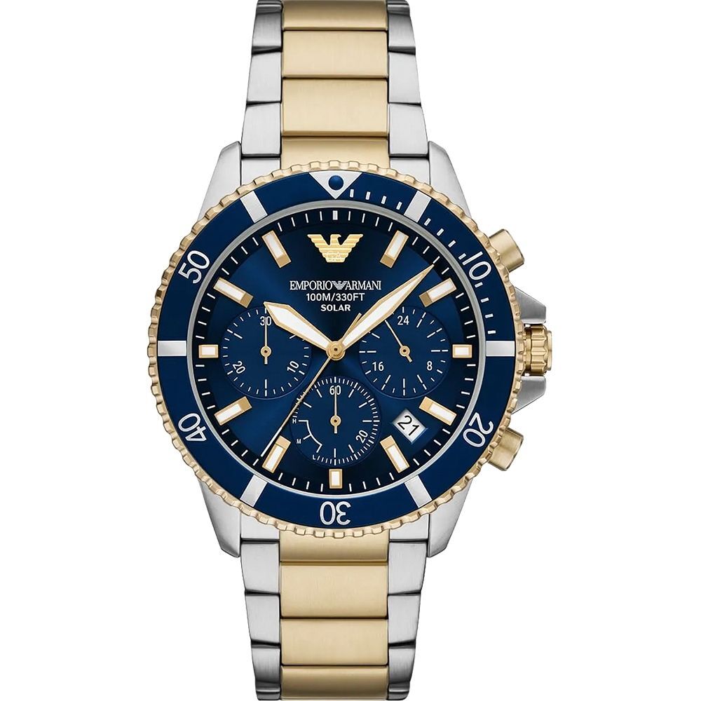 【Armani 亞曼尼】AR11740 紳士 100米防水 三眼計時 超強夜光 不銹鋼 光動能 手錶