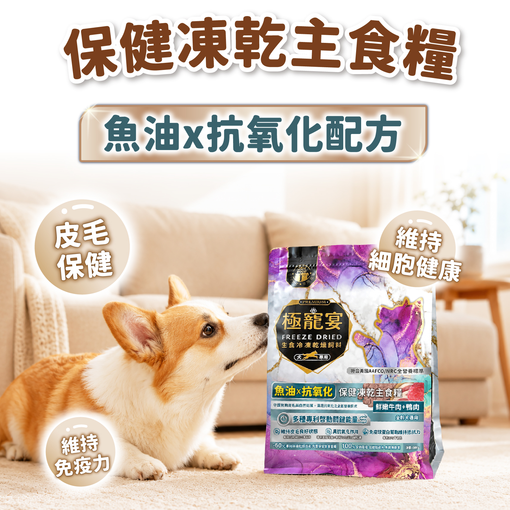 鮮嫩牛肉+鴨肉  魚油x抗氧化配方 極寵宴狗狗凍乾主食飼料 80g