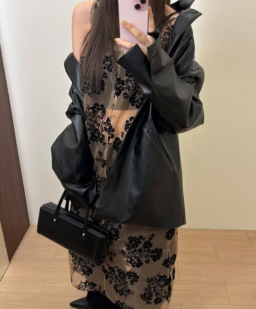 經典黑浪漫透膚蕾絲花朵外搭長版背心洋裝