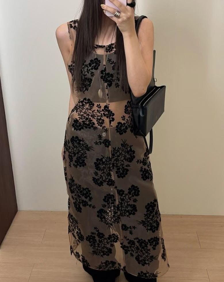 經典黑浪漫透膚蕾絲花朵外搭長版背心洋裝