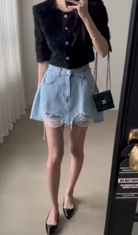獨特感下擺割破造型澎澎牛仔短褲裙-M