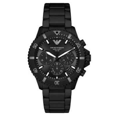 【Armani 亞曼尼】AR11784 全黑 紳士 100米防水 三眼計時 超強夜光 不銹鋼 光動能 手錶