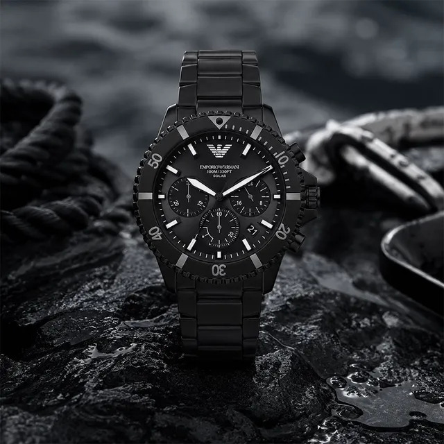 【Armani 亞曼尼】AR11784 全黑 紳士 100米防水 三眼計時 超強夜光 不銹鋼 光動能 手錶