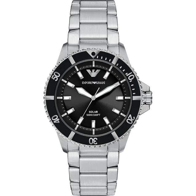 【Armani 亞曼尼】AR11787 極簡紳士 100米防水  日期 超強夜光 不銹鋼 光動能 手錶