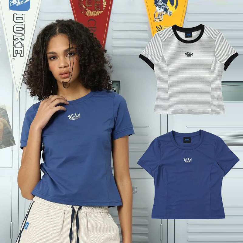 NCAA TEE 條紋白 深藍 刺繡LOGO 短版 基本 短T【7622100】