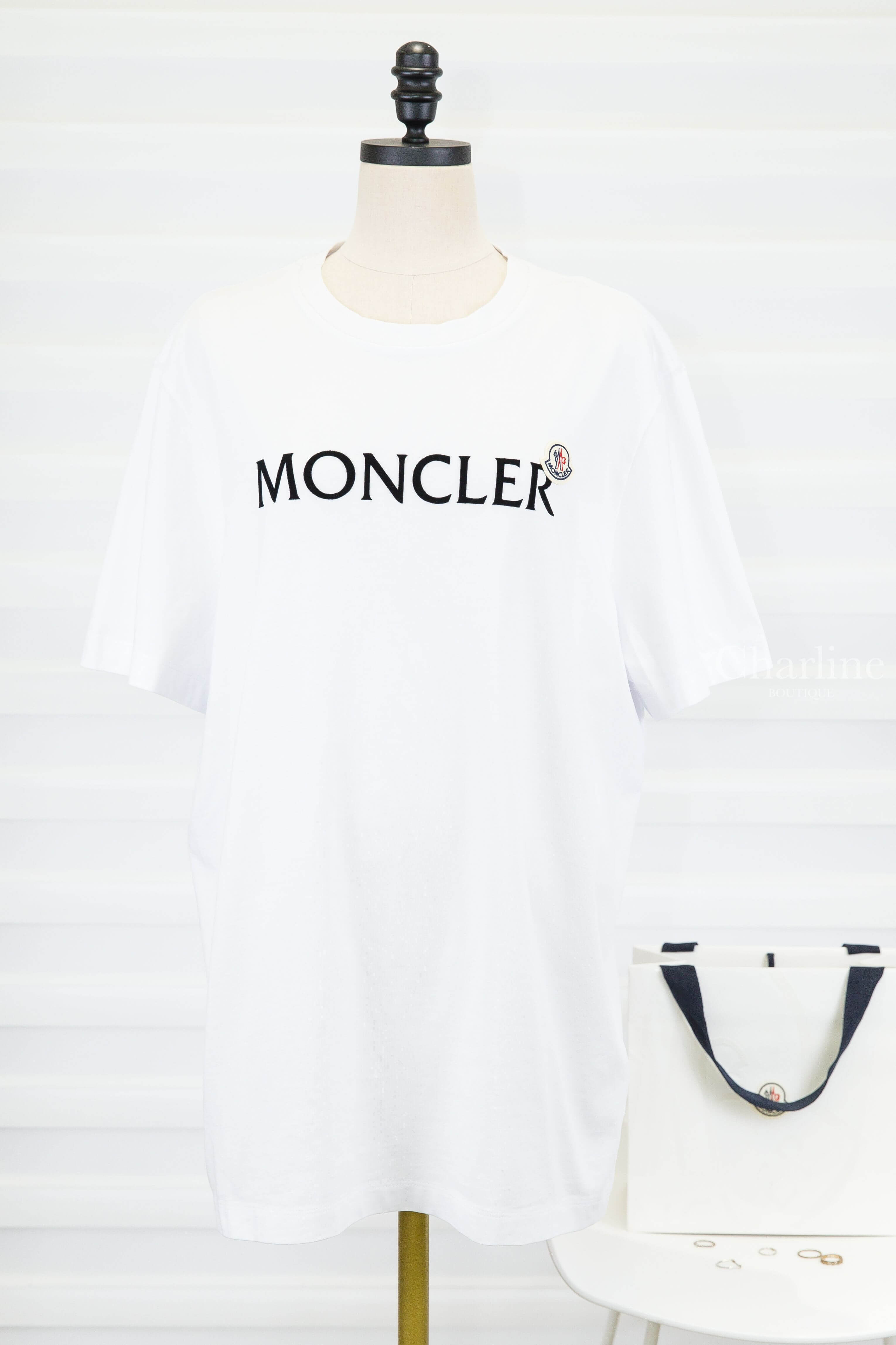Moncler Flocked Logo Cotton T-Shirt 白底黑色絲絨刺繡 Logo 短袖棉T