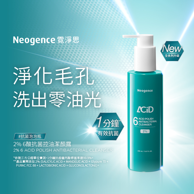 「2% 6酸抗菌控油潔顏露」。主打淨化毛孔與洗出零油光,並強調具備 1 分鐘有效抗菌的實力。這款產品同樣屬於新升級系列,適合追求洗後清爽控油的使用者。