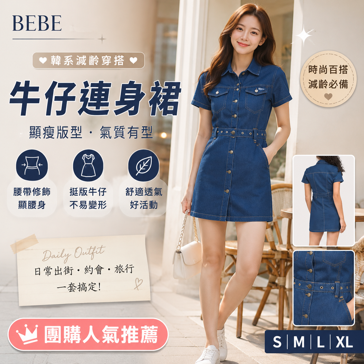 【預購】BEBE H061055 鉚釘飾邊牛仔連身短裙