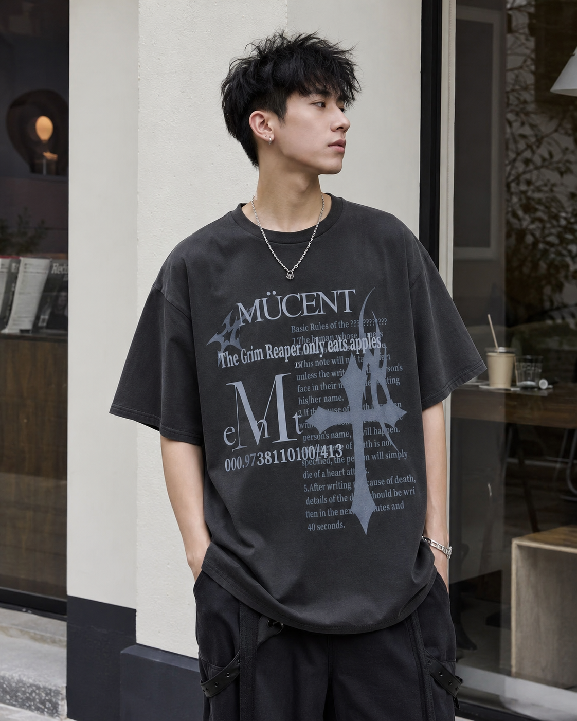 <現貨>MUCENT 十字架 元素 炭灰 短T A02101