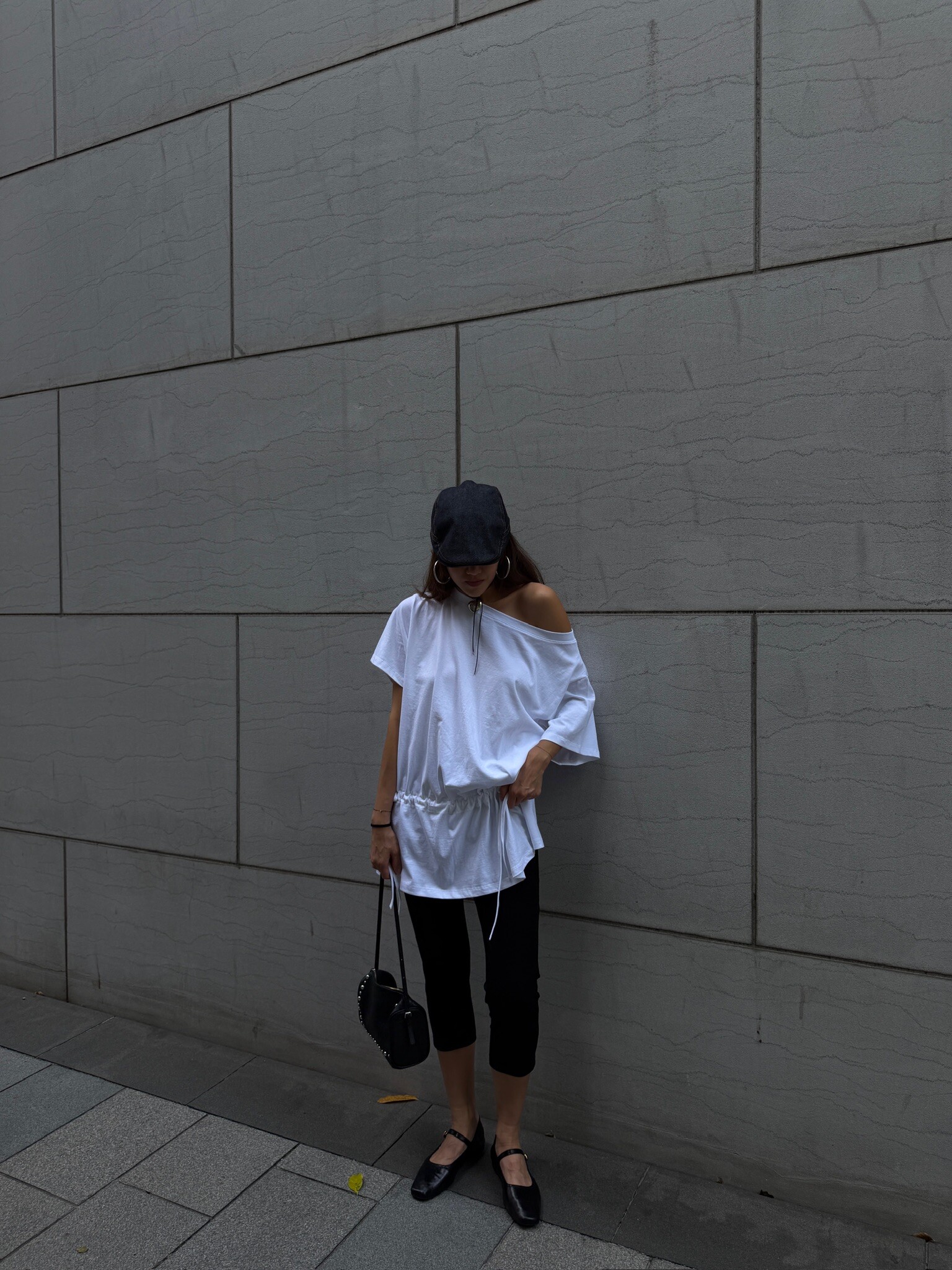 Drawstring off shoulder long tee