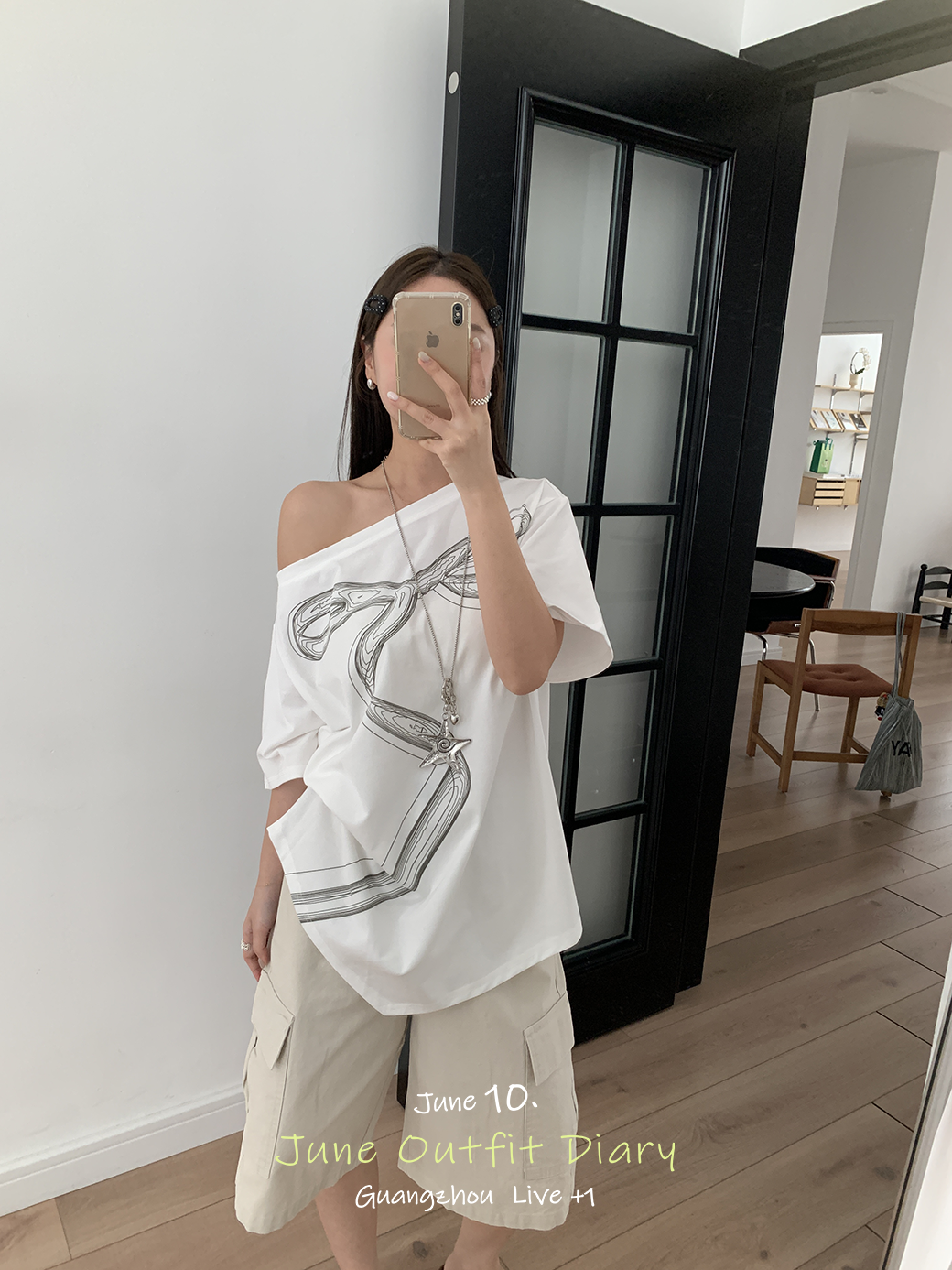 (K13)(附項鍊!)大蝴蝶結不規則斜肩TEE-2色