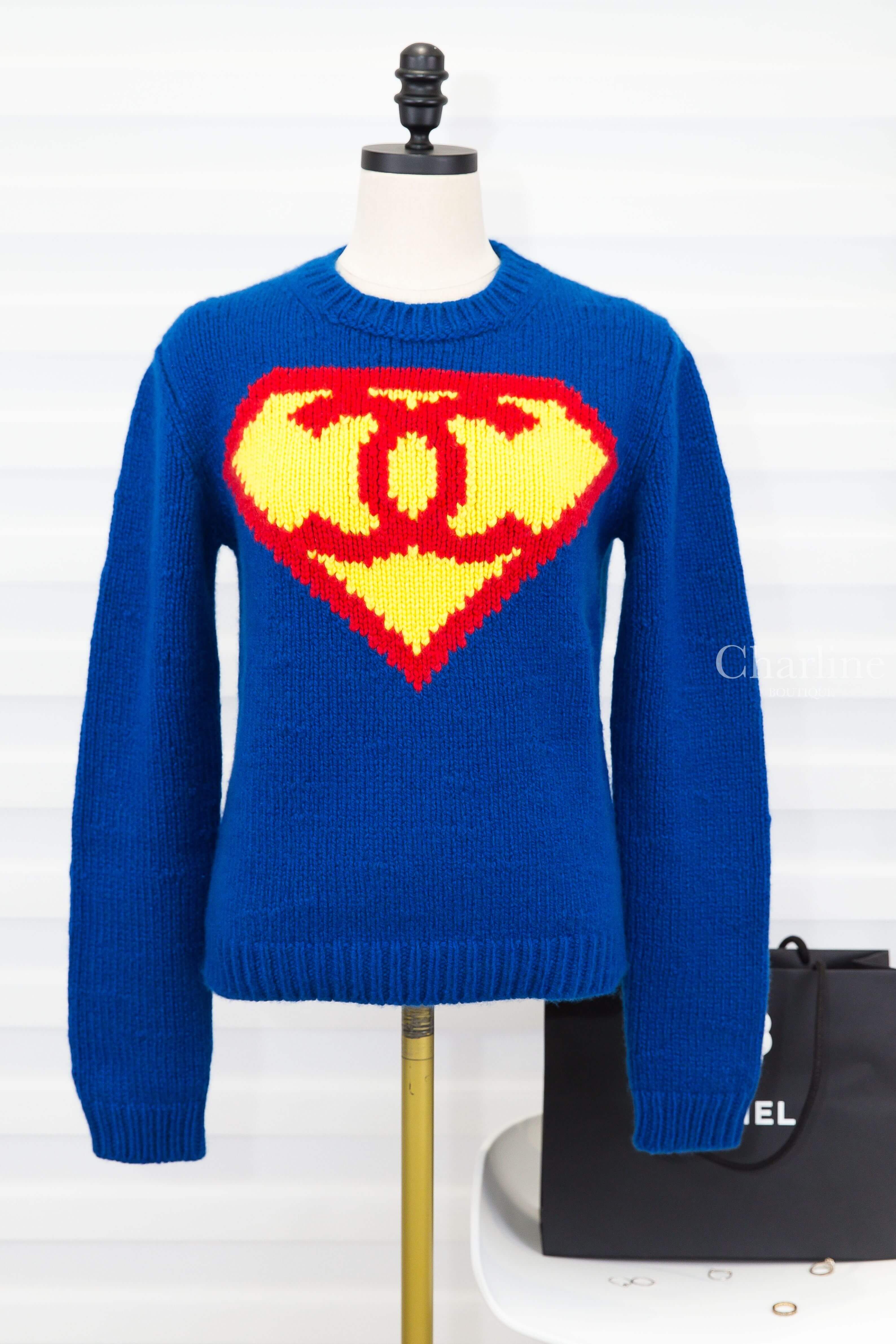 Chanel Sweater 藍色針織黃底紅CC超人標誌喀什米爾長袖毛衣-Charline Boutique 精品代購